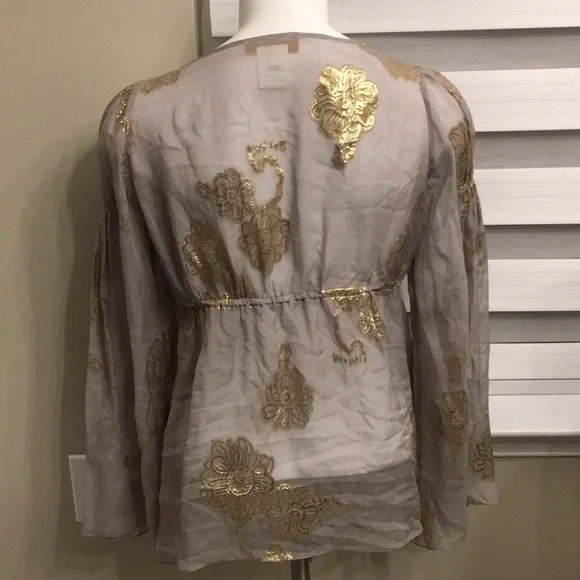 LaRok ANTHRO BRAND real silk SHEER top with gold lame embroidered design Nwot - Picture 4 of 6